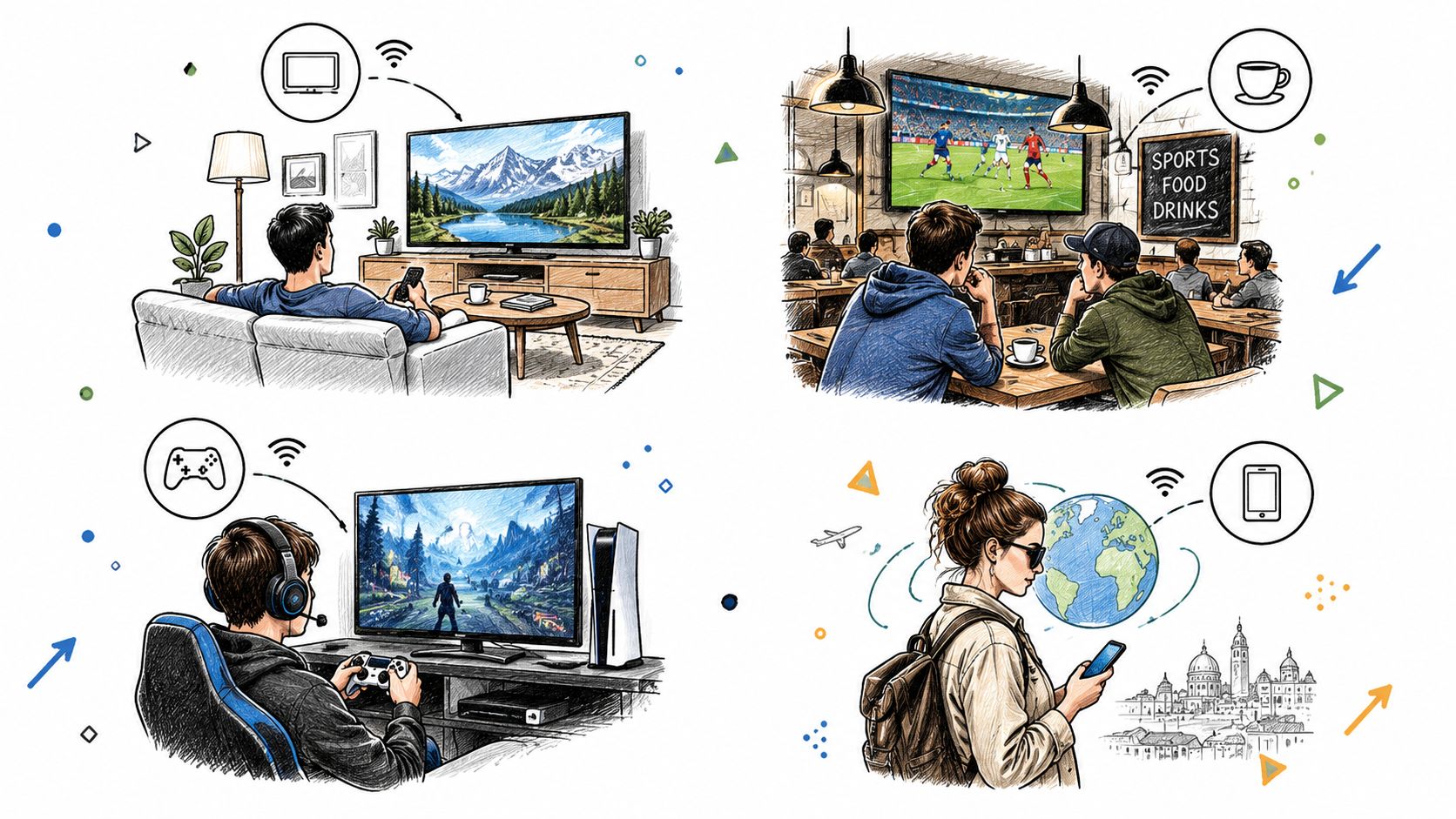 رسم توضيحي يصور تقنيات البث الرقمي المتنوعة مثل التلفاز، الألعاب الإلكترونية، واستخدام الهواتف الذكية في السفر والترفيه